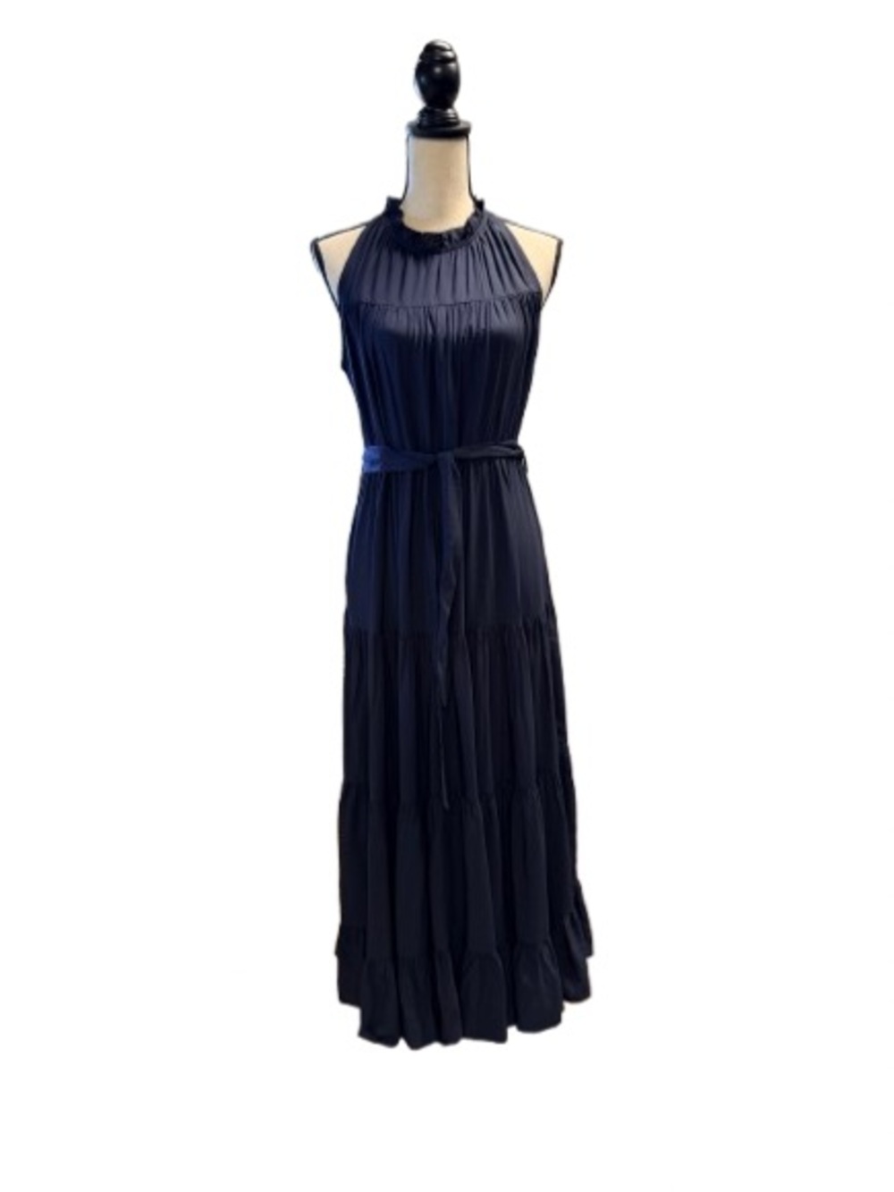 PINCH NWT Navy Tiered Maxi Dress Mock Neck Sleeveless Tie Waist Size L - Picture 3 of 7